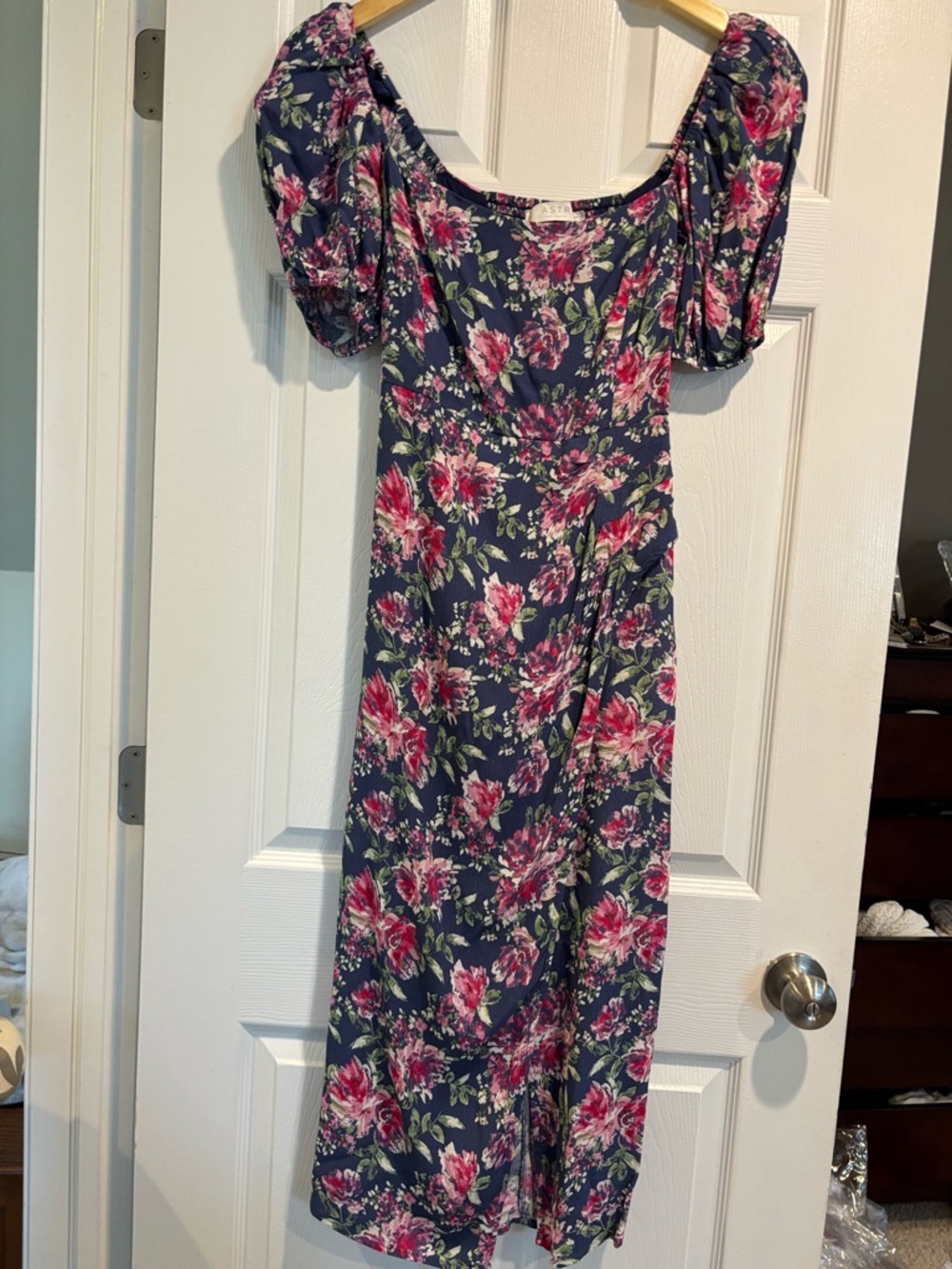 Astr Navy Midi Dress with Pink Floral Print